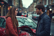© huntspy - tense argument between two drivers next to damaged red car in busy street. emotional expressions highlight frustration and concern of situation