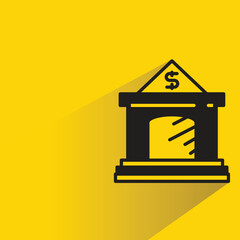 Wall Mural - bank building icon with shadow on yellow background