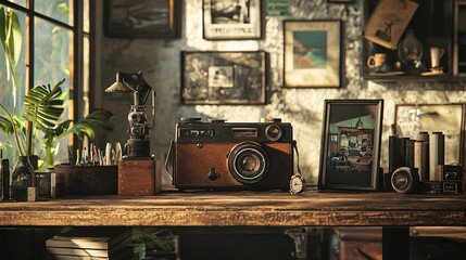 A vintage camera resting on a wooden table highlights its classic design and textured details, creating a warm, nostalgic atmosphere ideal for photography fans and retro aficionados.