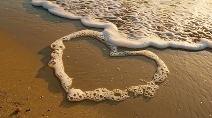 Wall Mural - heart shape formed by foam on sandy beach, with gentle waves lapping at shore, creating romantic and serene atmosphere