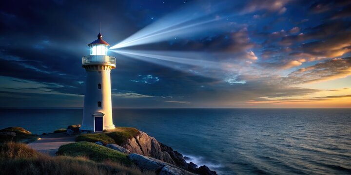 seaside lighthouse with beam of light shining in night sky, seaside, lighthouse, beam, light, shinin