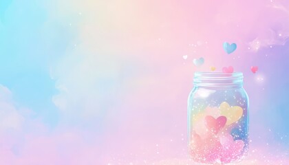 Wall Mural - Pastel Dreamscape: A Jar Filled with Colorful Hearts and Sparkling Magic