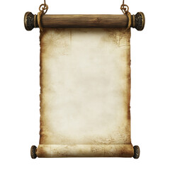 Poster - An aged parchment scroll hangs from a wooden roller with ornate end caps and rope,  providing a blank space for text or images.