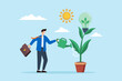 © VZ_Art - Flat illustration of businessman watering ecology plant with clean energy lightbulb symbolizing sustainability and eco friendly practice