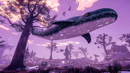 Wall Mural - celestial whale soars over alien landscape, purple sky, fantasy game background