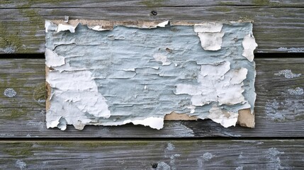 Wall Mural - An aged poster made of glued wrinkled paper, peeling at the edges, on a weathered wooden board.