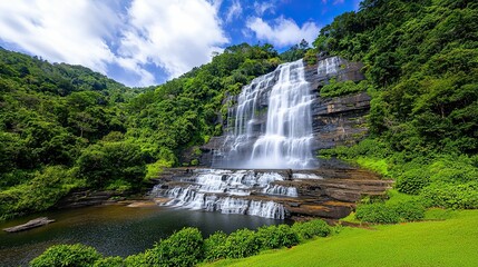 Wall Mural - a stunning waterfall cascades down rocky ledges, surrounded by lush green foliage and a bright blue 