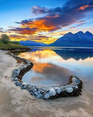 Wall Mural - a serene lakeside scene at sunset, featuring vibrant clouds, mountain reflections, and a winding sto