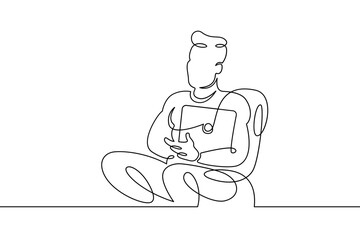 Wall Mural - Portrait of a working man at a computer laptop. One continuous drawing line  logo single hand drawn art doodle isolated minimal illustration.Designer journalist manager.