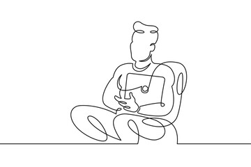 Wall Mural - Portrait of a working man at a computer laptop. One continuous drawing line  logo single hand drawn art doodle isolated minimal illustration.Designer journalist manager.