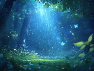 Aufkleber - serene forest scene with glowing butterflies and soft blue light. enchanting atmosphere invites tranquility and wonder