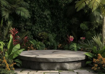 Wall Mural - 
A stone podium in the garden, surrounded by tropical plants and flowers, against a green background. Highly realistic photographic rendering.