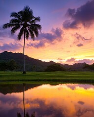 Wall Mural - A vibrant sunset reflects on a tranquil pond, framed by a tall palm tree and lush hills, creating a serene tropical atmosphere. wallpaper scenic artistic