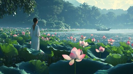 Wall Mural - Woman in White Dress Among Lotus Flowers