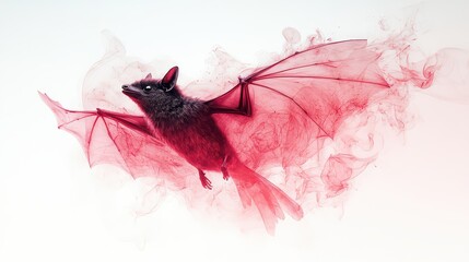 Wall Mural - A bat in flight, its wings seemingly made of red smoke against a white background.