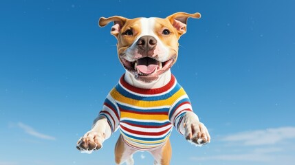 Canvas Print - Dog wearing sweater concept in snowy play setting. Happy dog jumping in a colorful sweater against a blue sky