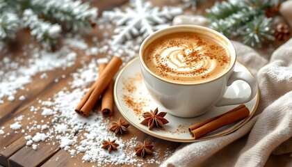 Wall Mural - A cozy cappuccino with cinnamon sticks and star anise on a rustic winter background, A cap of coffee.