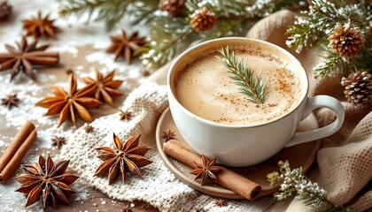 A cozy cappuccino with cinnamon sticks and star anise on a rustic winter background, A cap of coffee.