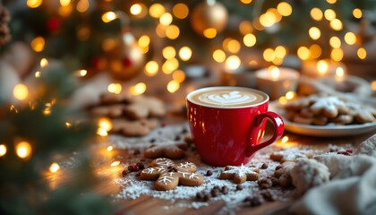 Wall Mural - A festive coffee setup with gingerbread cookies, a red mug, and glittering fairy lights, A cap of coffee.