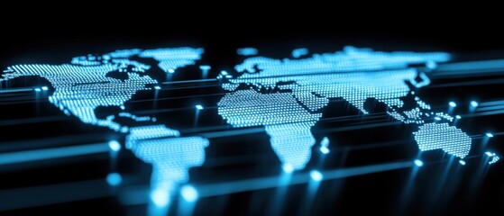 Digital world map in glowing blue tones on a dark background.