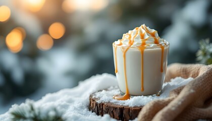 Wall Mural - Caramel macchiato with a drizzle of caramel sauce, placed on a snowy background.