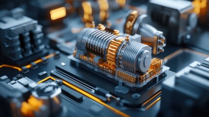 Poster - Detailed Close-up of Modern Electronic Circuit Board Featuring Intricate Components and High-Tech Machinery in a Futuristic Setting