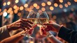 © Chalermrach - Hands holding wine glasses toasting in warmly lit festive environment with bokeh effect, atmosphere, bokeh