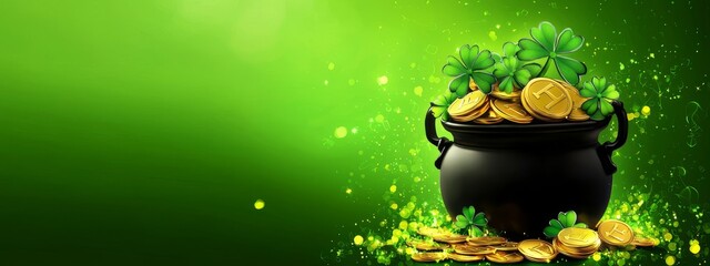 A black pot brimming with gold coins and shamrock leaves.