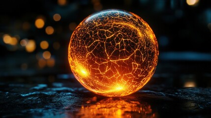 Fototapete - Glowing Orange Sphere with Cracked Surface Shining in Dark Environment, Evoking Mystery and Energy with Bright Emissions and Abstract Light Effects