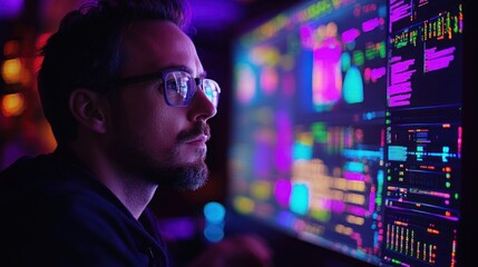 Canvas Print - focused programmer working late at night analyzing data on a large monitor