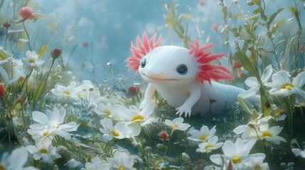 Poster - Adorable axolotl amidst blooming white flowers in a misty meadow.