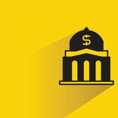 Wall Mural - bank building icon with shadow on yellow background