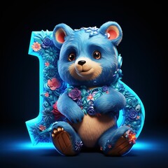 3d illustration bear and alphabetic number on black background.