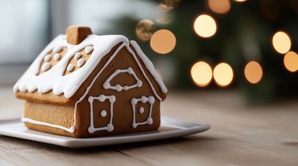 Wall Mural - a ginger house sits on a plate with a christmas tree in the background