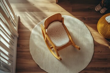 Poster - Wooden Rocking Chair on Round Rug in Nursery