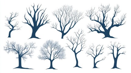 Collection of Ten Bare Winter Tree Silhouettes: Vector Illustration