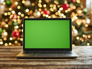 Wall Mural - Festive laptop with a green screen in a cozy Christmas setting. AI.