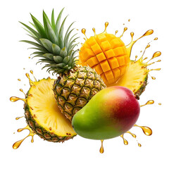 Wall Mural -  Realistic ftuiys juice splash burst composition with spray images and ripe tropical fruits