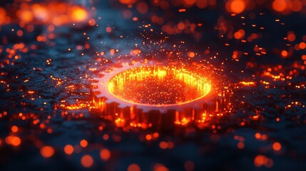 a glowing gear surrounded by sparks and molten material, creating a dynamic industrial scene.