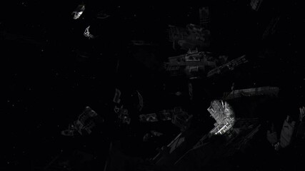 Wall Mural - Flying Through a Space Debris Field of Junk in Earth Orbit with a Searchlight Illuminating the Contents