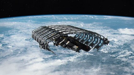 Wall Mural - Futuristic Spaceship Departing From Space Dock in Orbit of Planet Earth