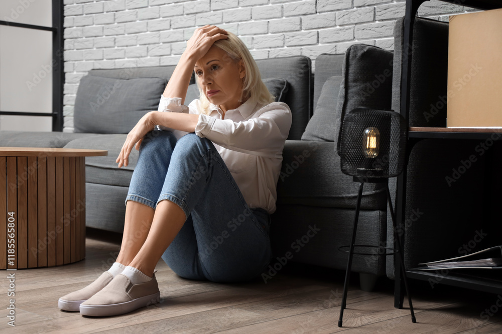 Worried mature woman sitting at home
