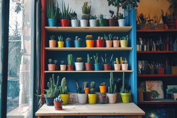 Wall Mural - Colorful Potted Cacti And Succulents On Shelves