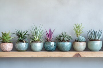 Wall Mural - Seven potted succulents arranged on a wooden shelf