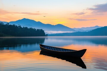 Poster - Serene Dawn at a Tranquil Lake with a Canoe in Still Waters