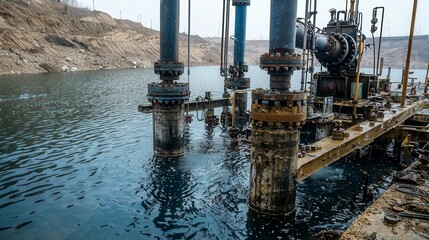 Poster - Robotic pumps extracting water from a massive reservoir industrial setting machinery aquatic environment close-up view
