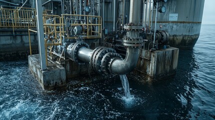 Aufkleber - Robotic pumps extracting water from a massive reservoir industrial setting water management coastal environment aerial view