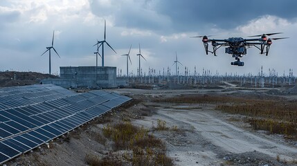 Poster - Advanced drone surveillance of solar farms and wind turbines under attack renewable energy site aerial view technology