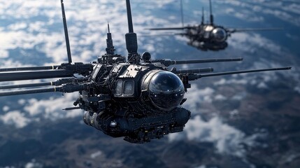 Poster - Advanced weaponry spacecraft orbiting ea futuristic battle scene high-altitude view sci-fi concept art