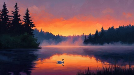 Wall Mural - Serene Sunset Over a Calm Lake with a Graceful Swan Gliding